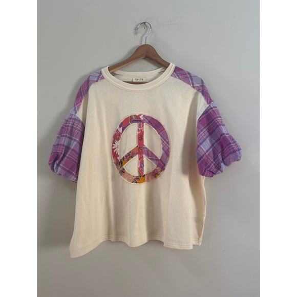 SAGE + FIG Peace Applique Patchwork Plaid Print Sleeves Oversized Boho Small - Picture 2 of 6